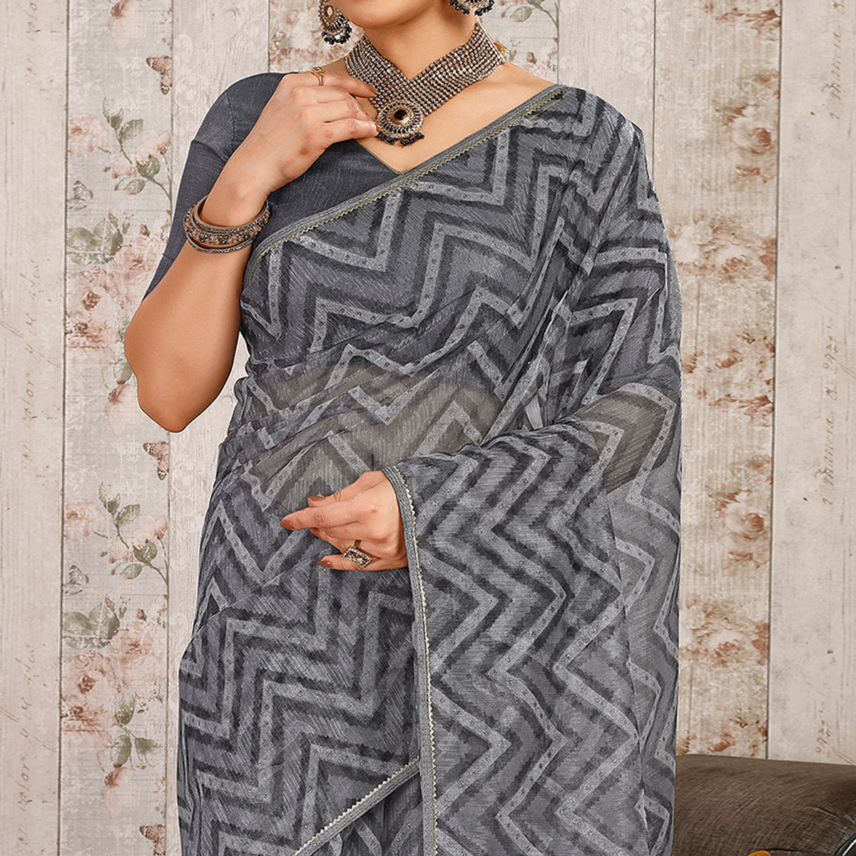 Grey Printed With Zari Work Cotton Silk Saree With Lace Border