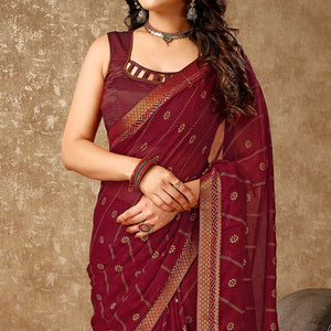Maroon Floral Foil Printed Chiffon Saree With Lace Border