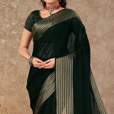 Bottle Green Swarovski Work Chiffon Saree With Woven Border