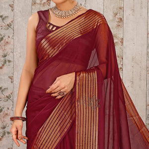 Maroon Swarovski Work Chiffon Saree With Woven Border