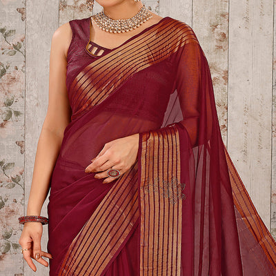 Maroon Swarovski Work Chiffon Saree With Woven Border