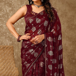 Maroon Foil Printed Chiffon Saree With Gota Patti Lace Border