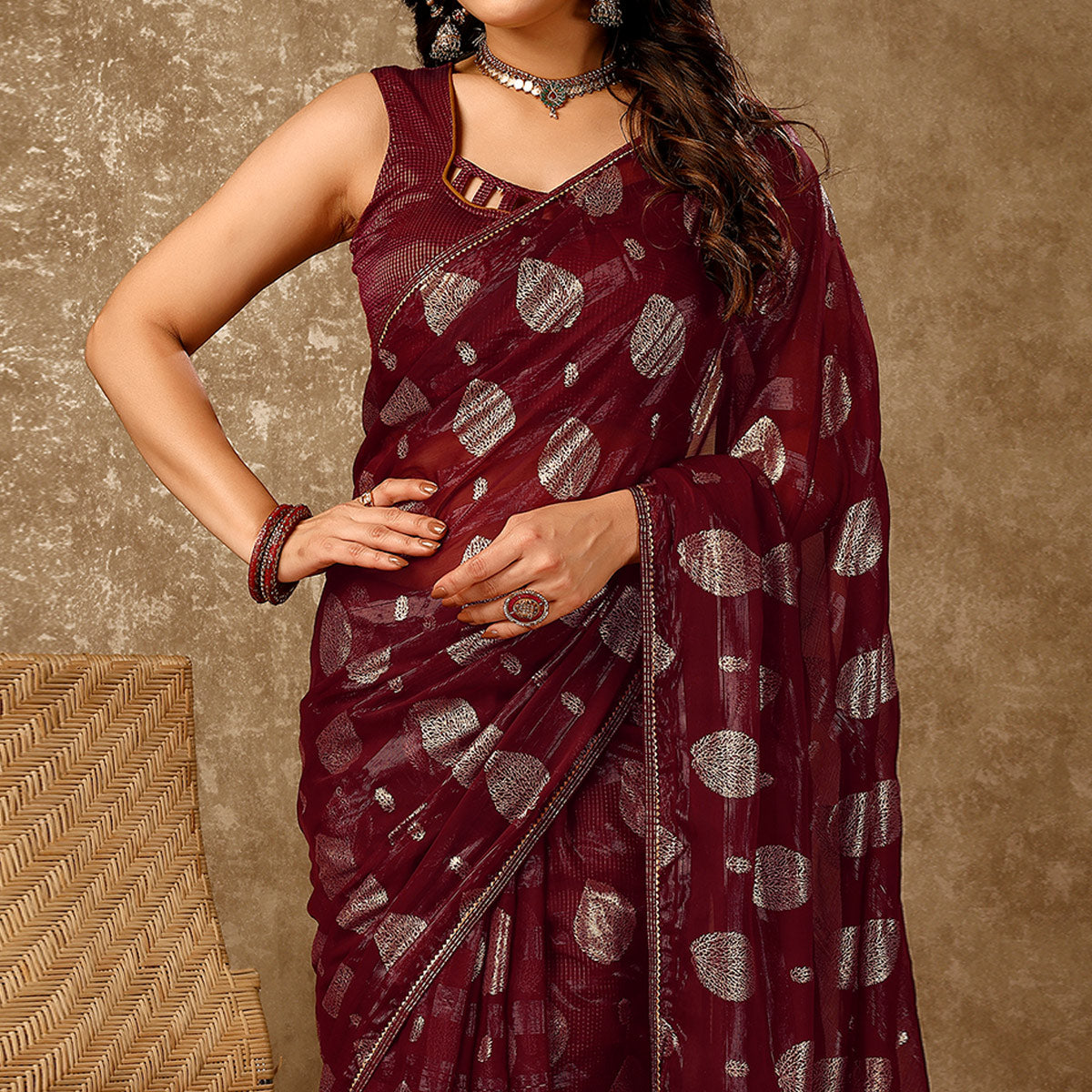 Maroon Foil Printed Chiffon Saree With Gota Patti Lace Border