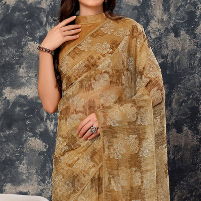 Chikoo Floral Printed With Zari Work Cotton Silk Saree
