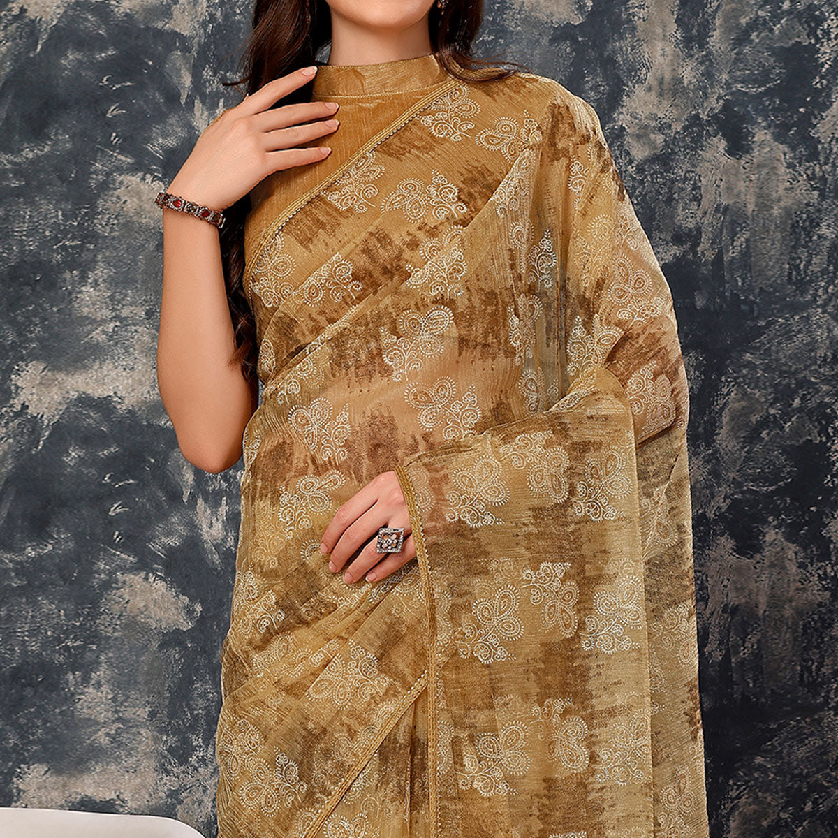 Chikoo Floral Printed With Zari Work Cotton Silk Saree