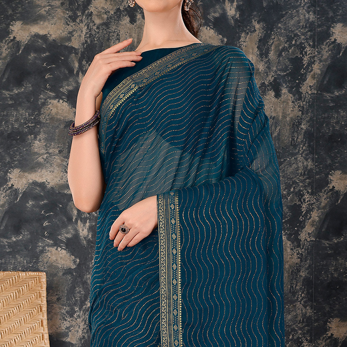 Blue Zari Embroidery Chiffon Saree With Lace Border