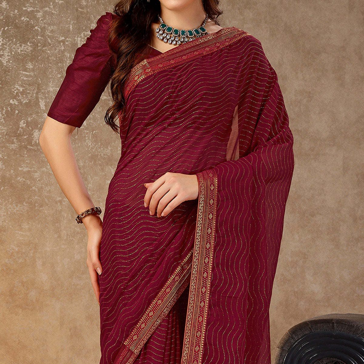 Maroon Zari Embroidery Chiffon Saree With Lace Border
