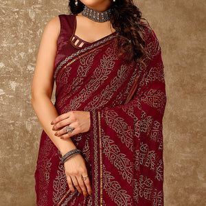 Maroon Bandhani Foil Printed Chiffon Saree With Lace Border