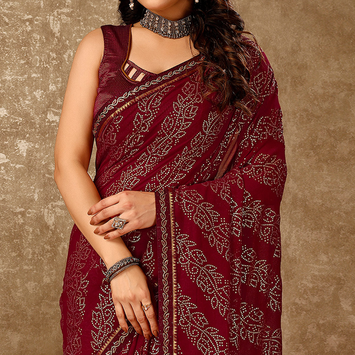 Maroon Bandhani Foil Printed Chiffon Saree With Lace Border