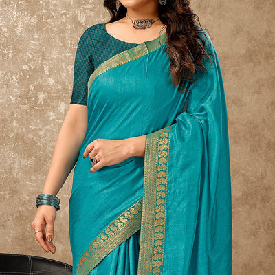 Blue Solid Saree Vichitra Silk With Zari Lace Border