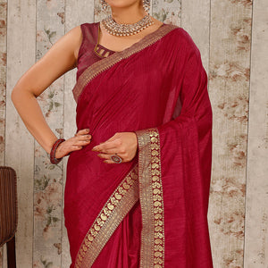 Maroon Solid Saree Vichitra Silk With Zari Lace Border