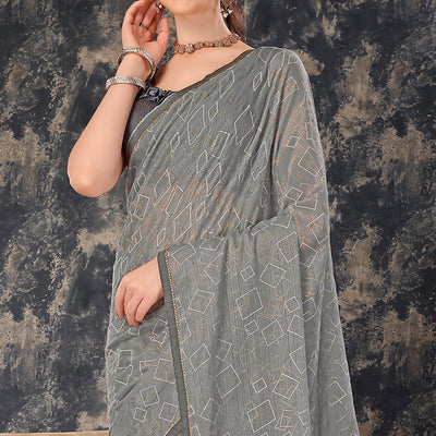Grey Printed With Zari Work Chiffon Saree With Lace Border