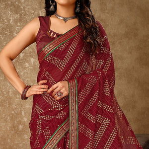 Maroon Foil Printed Chiffon Saree With Lace Border