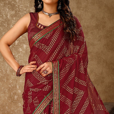 Maroon Foil Printed Chiffon Saree With Lace Border