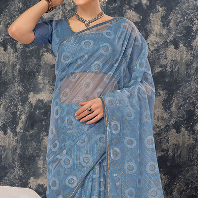 Greyish Blue Printed With Zari Work Cotton Silk Saree With Lace Border