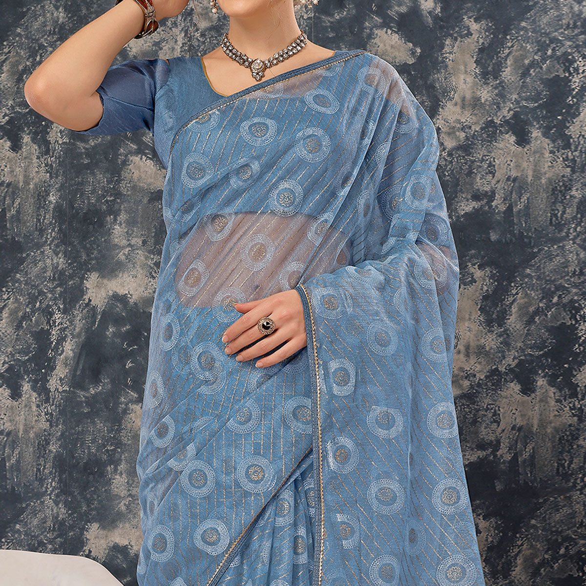 Greyish Blue Printed With Zari Work Cotton Silk Saree With Lace Border