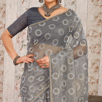 Grey Printed With Zari Work Cotton Silk Saree With Lace Border