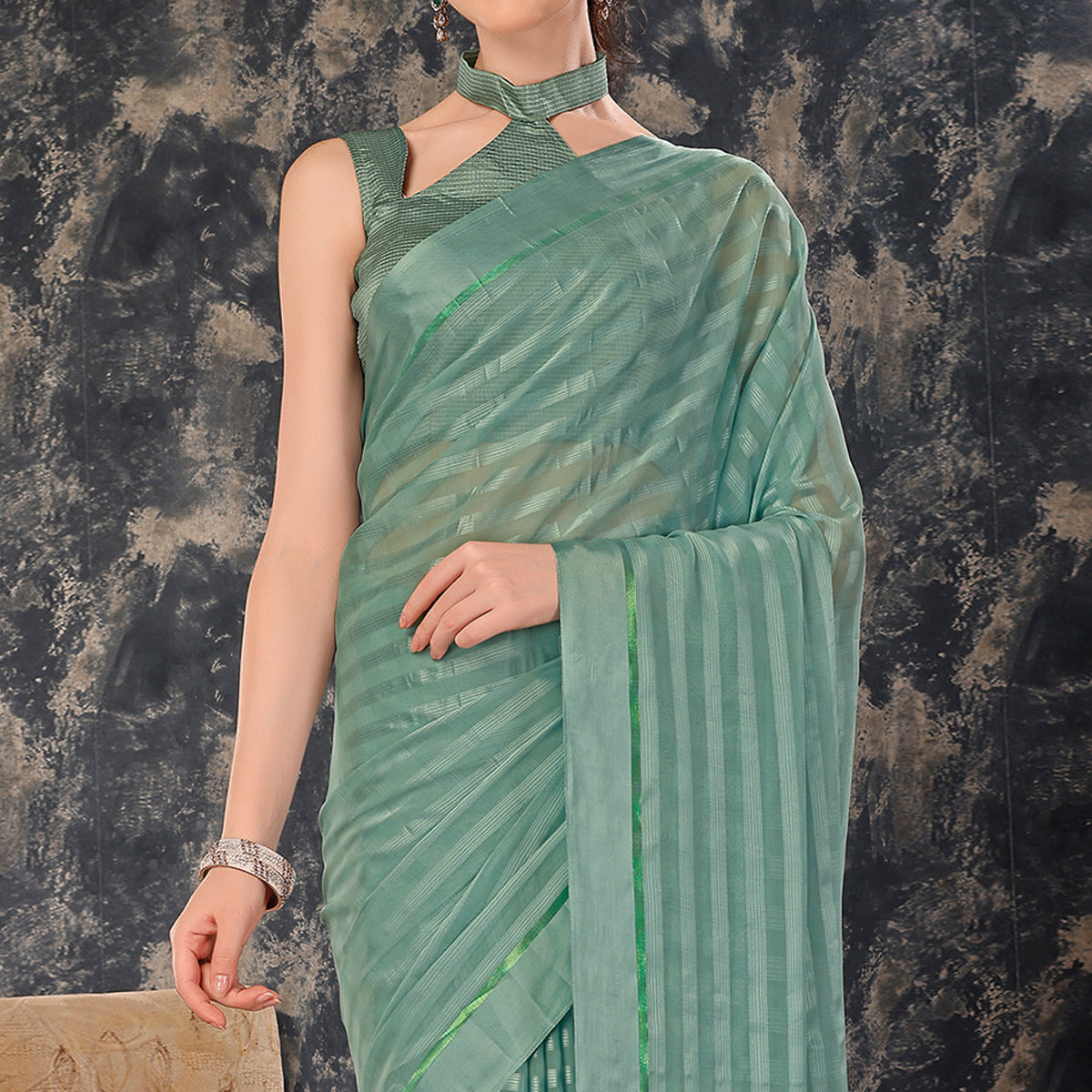 Dusty Green Swarovski Work Chiffon Saree With Tassels