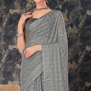 Grey Swarovski Work Chiffon Saree With Tassels