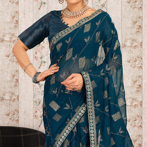 Morpich Floral Foil Printed Chiffon Saree With Lace Border