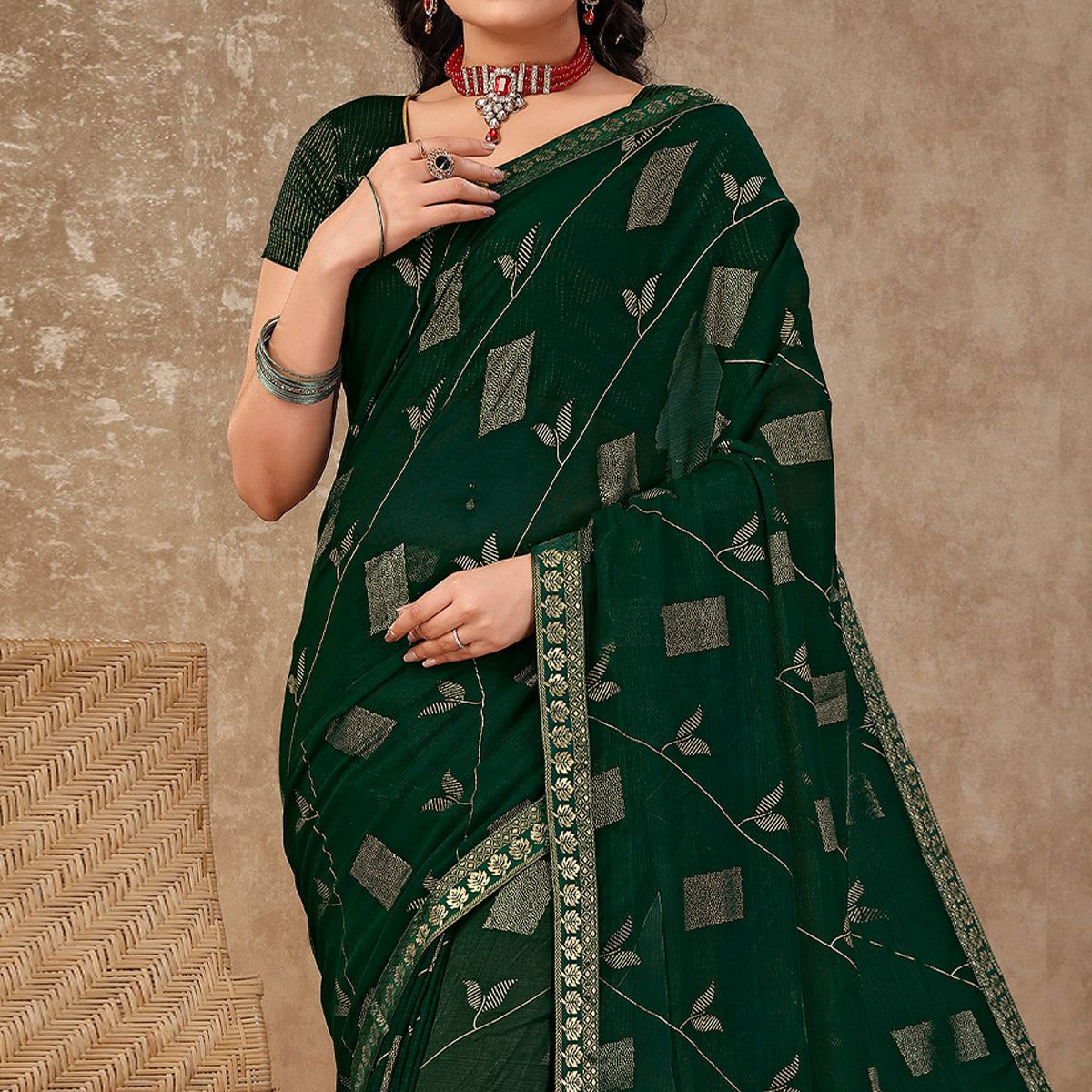 green-floral-foil-printed-chiffon-saree-with-lace-border-2