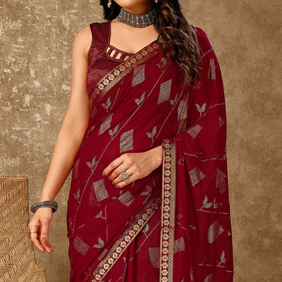 Maroon Floral Foil Printed Chiffon Saree With Lace Border
