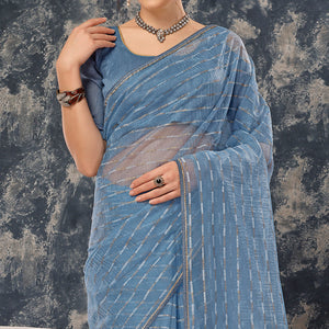 Greyish Blue Zari Printed Cotton Silk Saree Lace Border