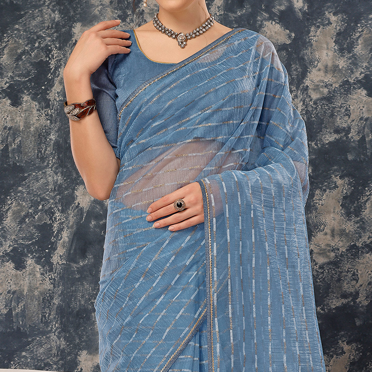 Greyish Blue Zari Printed Cotton Silk Saree Lace Border