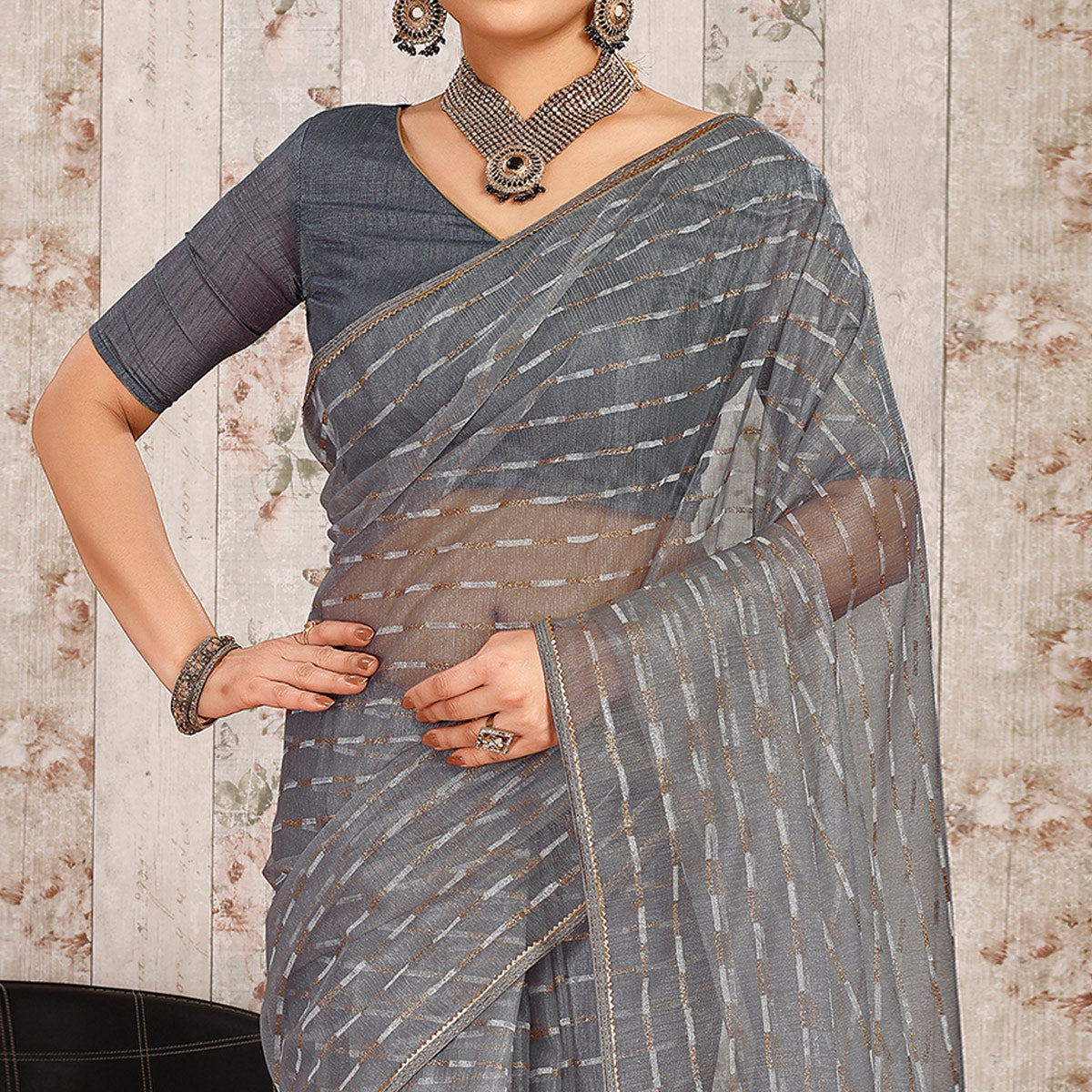 Grey Zari Printed Cotton Silk Saree Lace Border