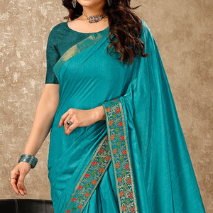 Blue Swarovski Work Vichitra Silk Saree Lace Border