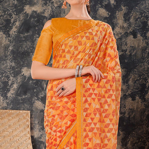 Light Orange Geometric Printed Chiffon Saree With Lace Border