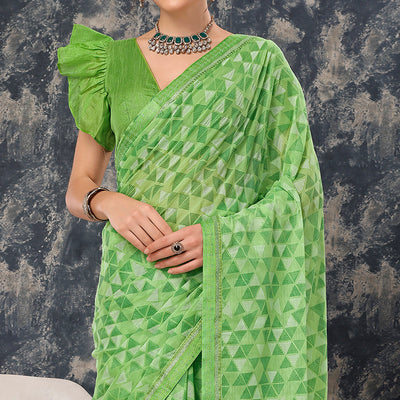 green-geometric-printed-chiffon-saree-with-lace-border
