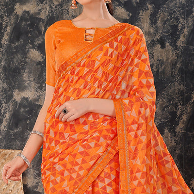 Dark Orange Geometric Printed Chiffon Saree With Lace Border