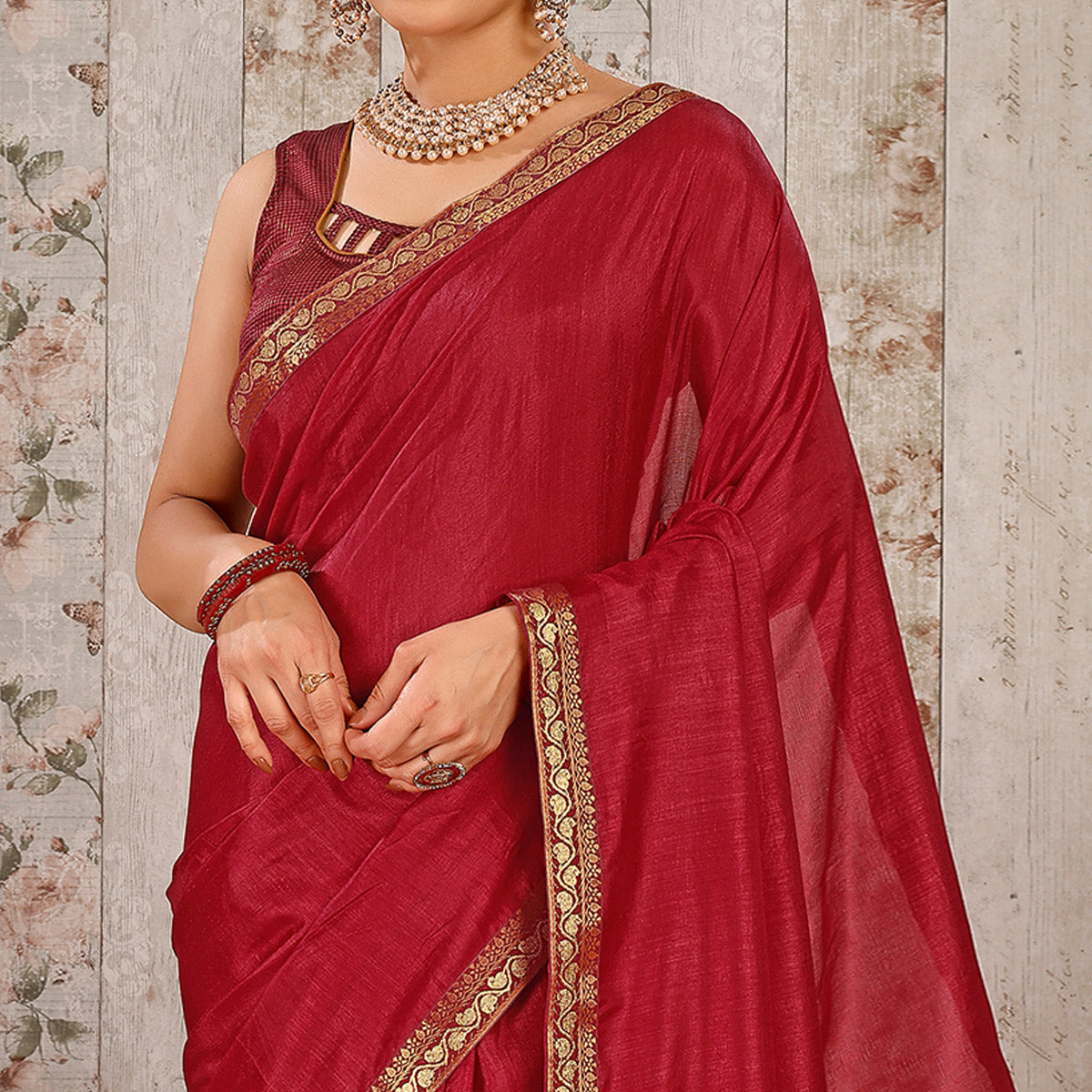 Maroon Swarovski Work Vichitra Silk Saree With Lace Border