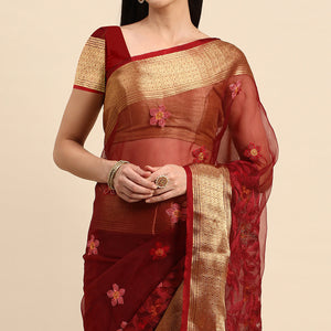 Maroon Floral Embroidered Organza Saree