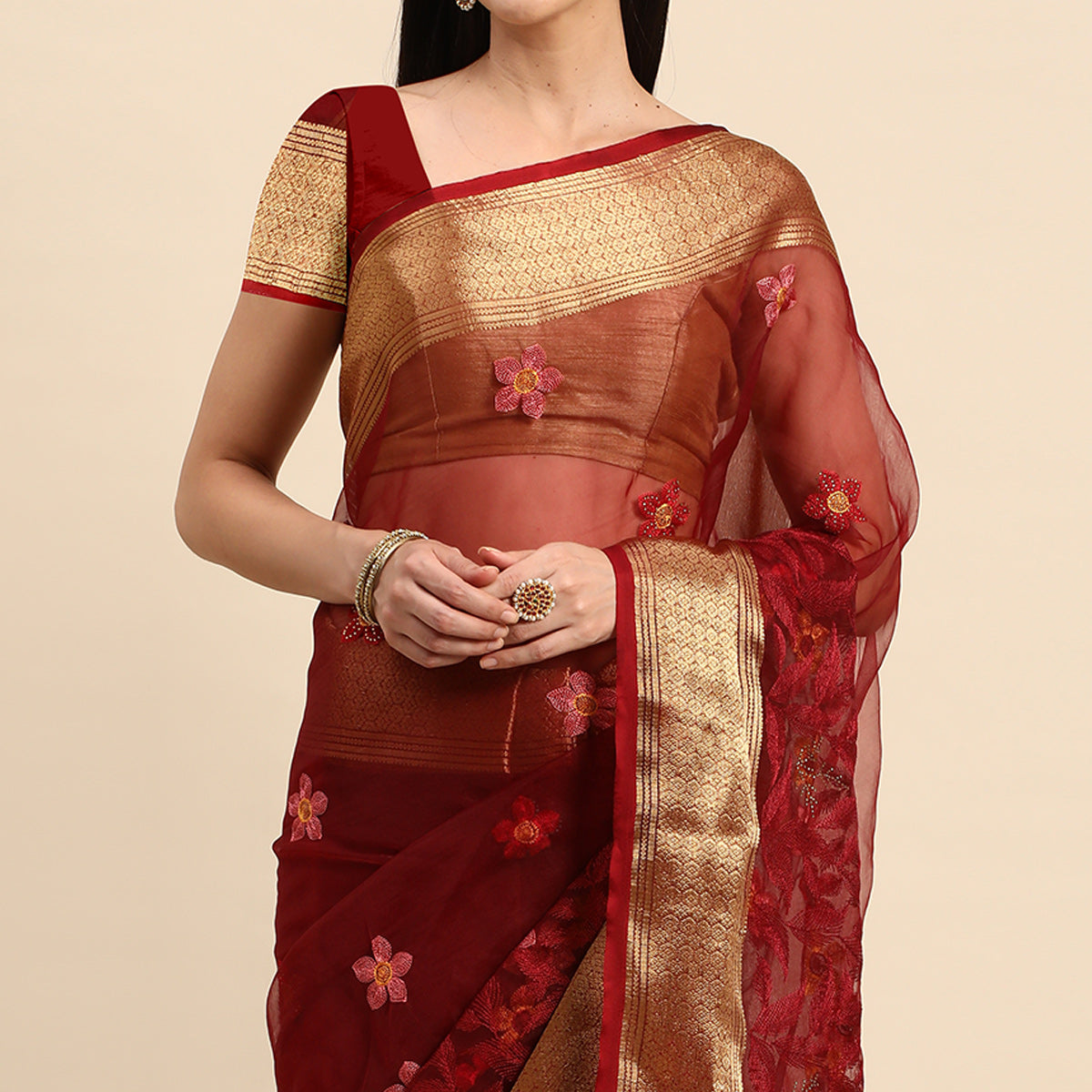 Maroon Floral Embroidered Organza Saree