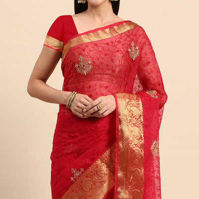 Maroon Floral Embroidered Organza Saree