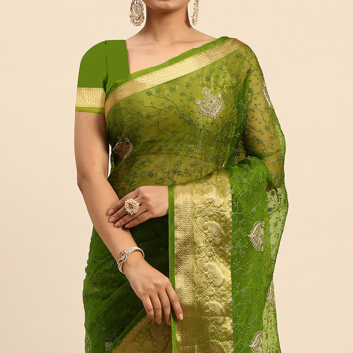Mehendi Green Floral Embroidered Organza Saree