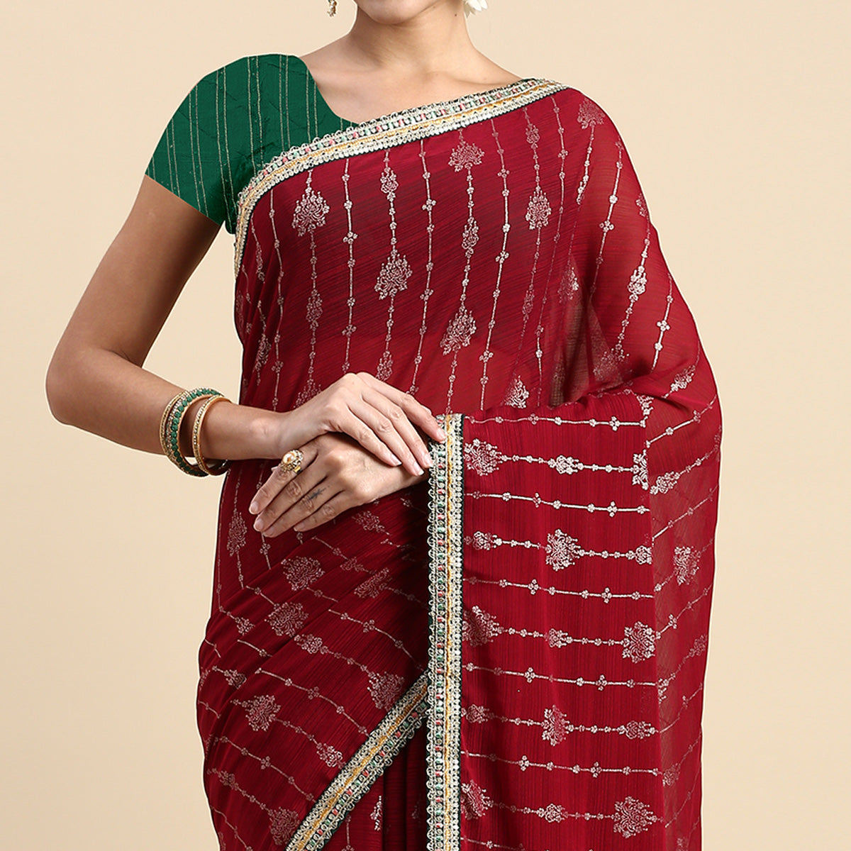 Maroon Foil Printed With Fancy Border Zomato Silk Saree