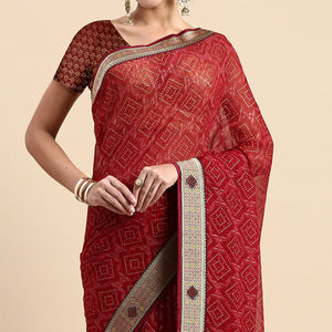Maroon Foil Printed With Fancy Border Chiffon Saree
