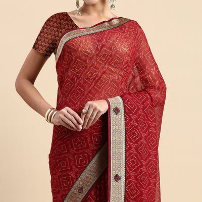 Maroon Foil Printed With Fancy Border Chiffon Saree