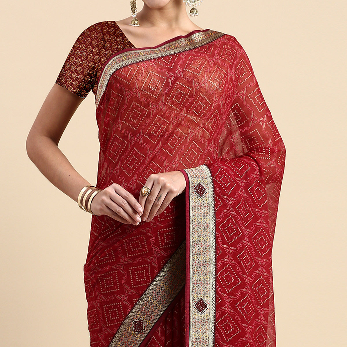 Maroon Foil Printed With Fancy Border Chiffon Saree