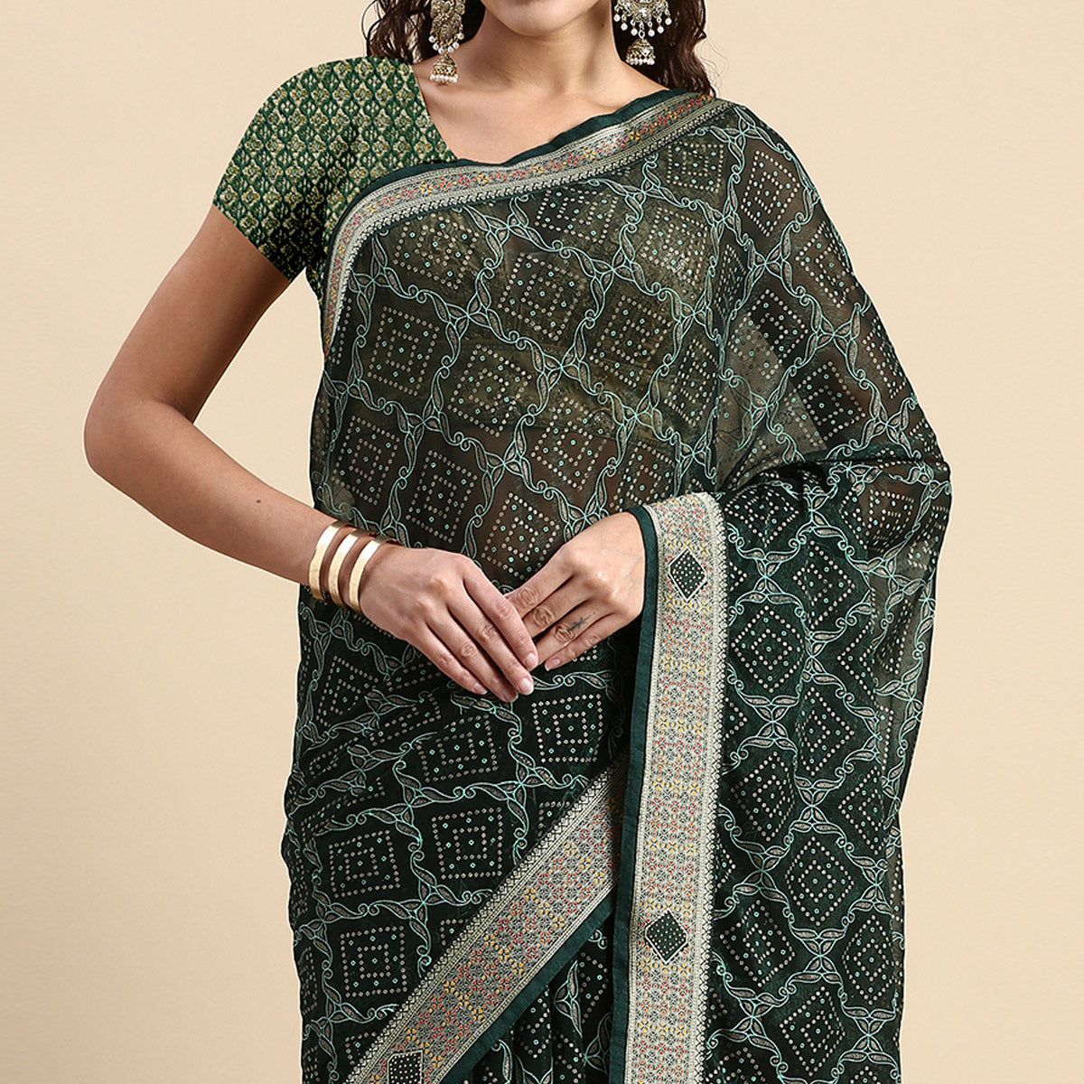 green-foil-printed-with-fancy-border-chiffon-saree