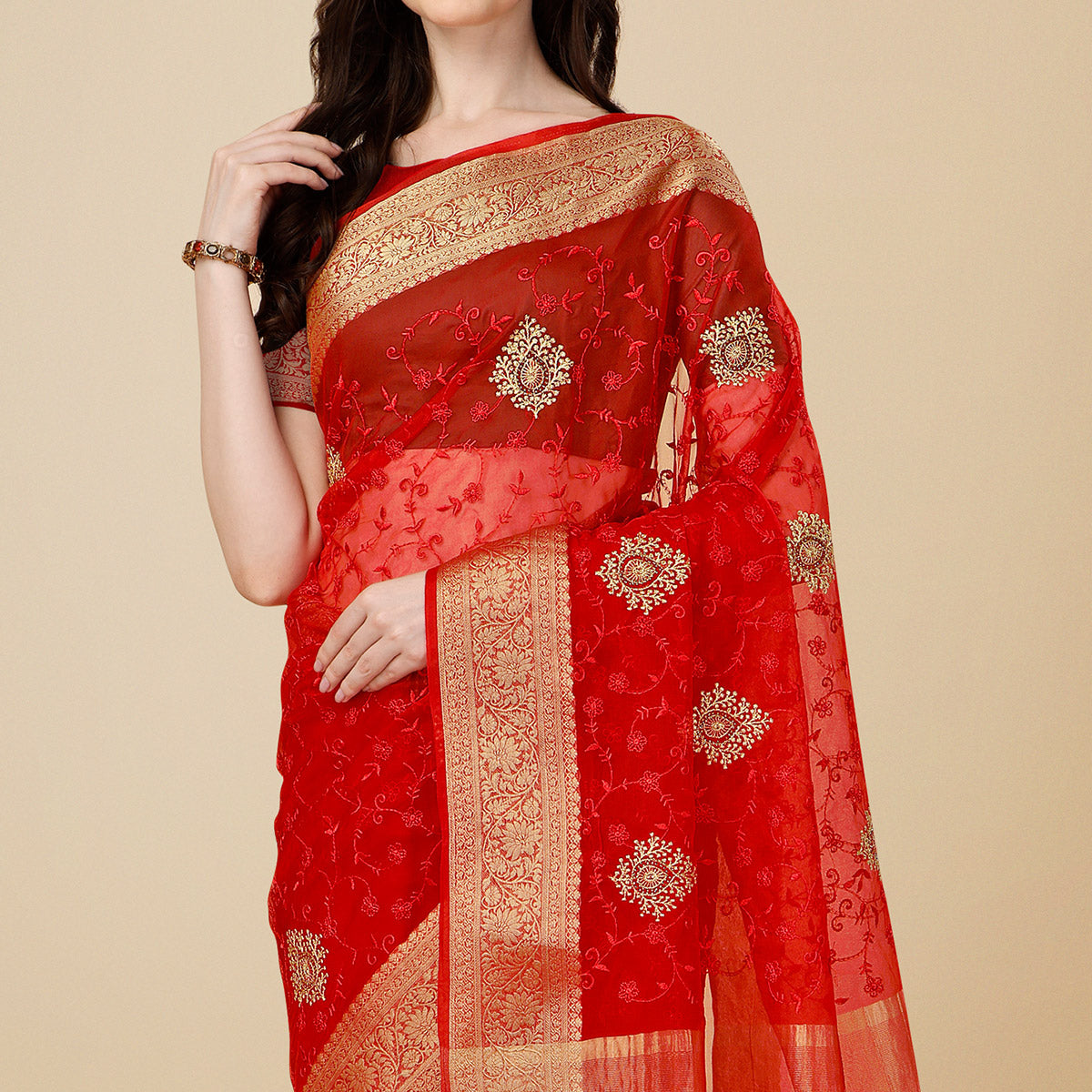 Maroon Floral Embroidered Organza Saree