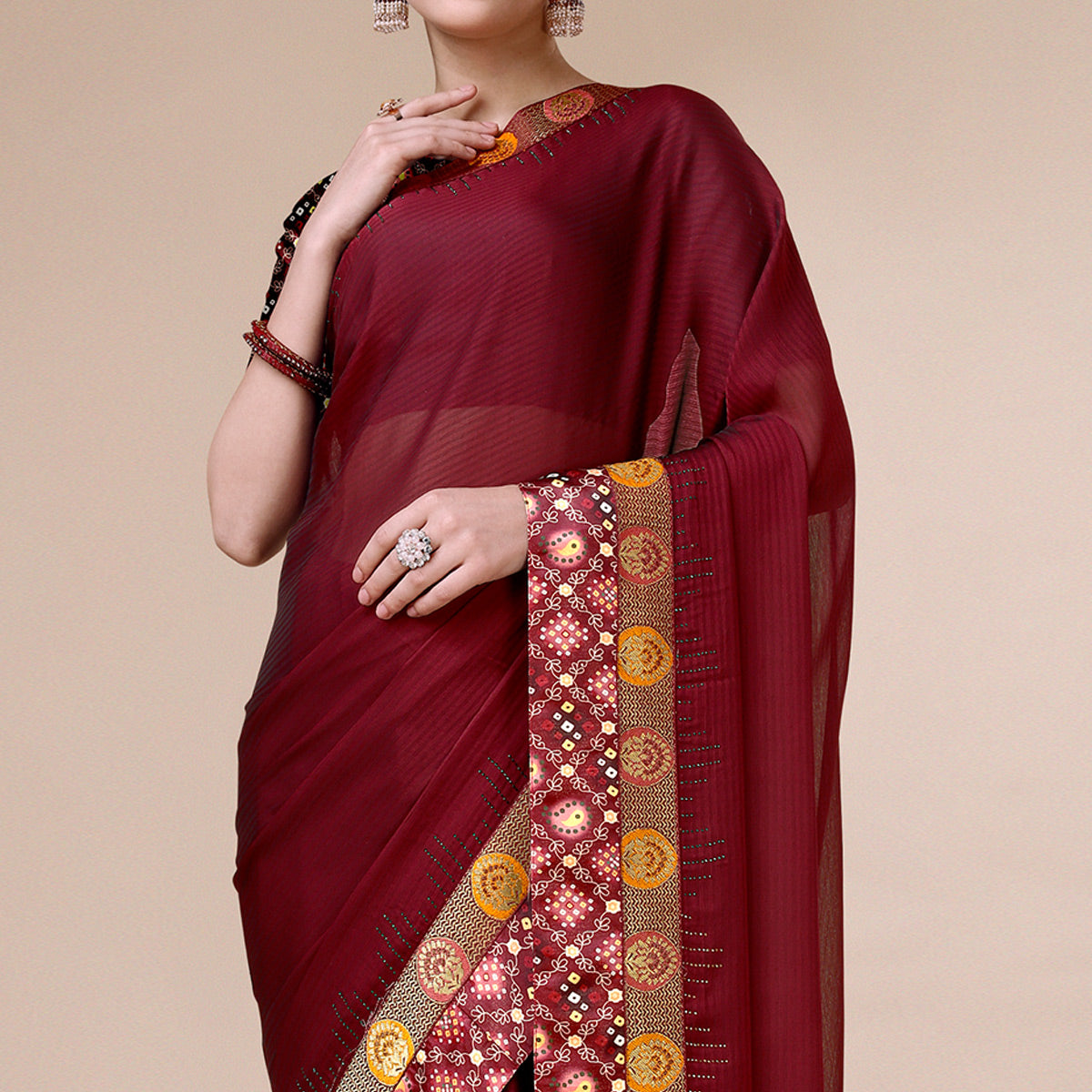 Maroon Swarovski With Bandhani Printed Border Art Silk Saree