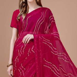 Magenta Bandhani Printed Chiffon Saree With Tassels