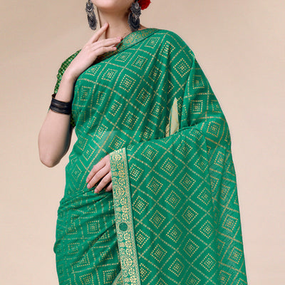 green-bandhani-foil-printed-chiffon-saree-with-tassels