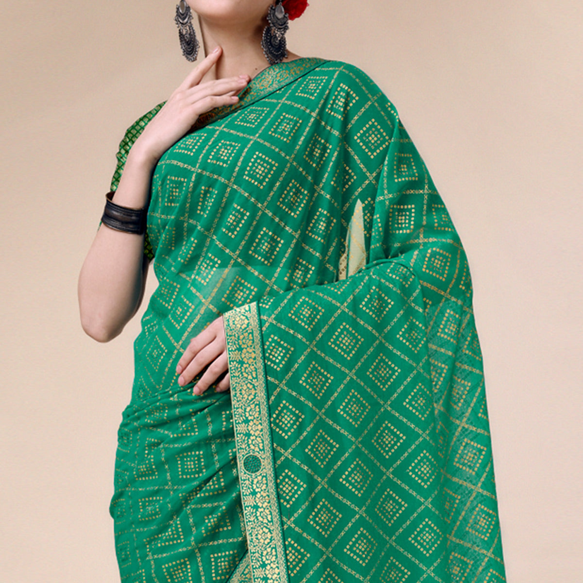 green-bandhani-foil-printed-chiffon-saree-with-tassels