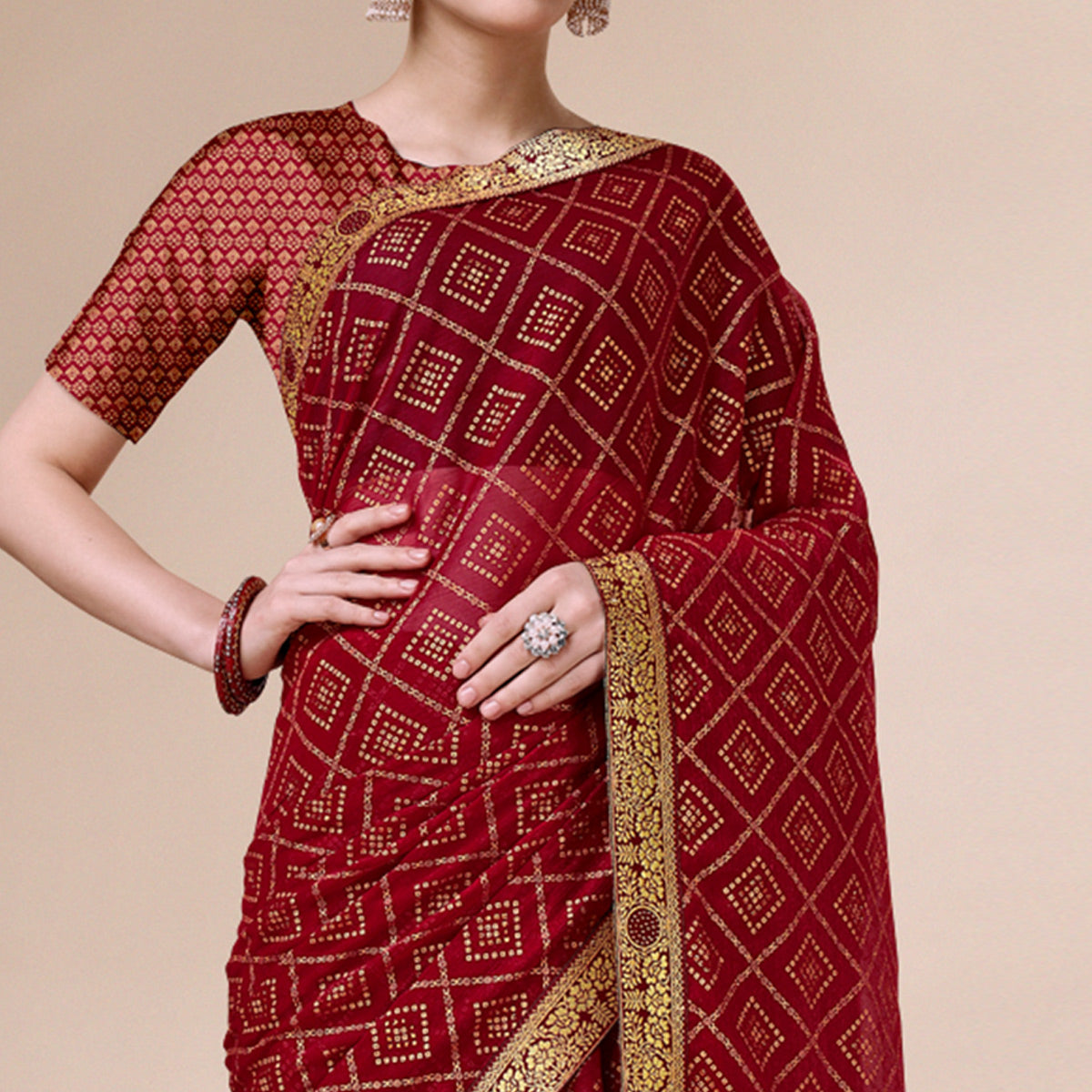 Maroon Bandhani Foil Printed Chiffon Saree With Tassels