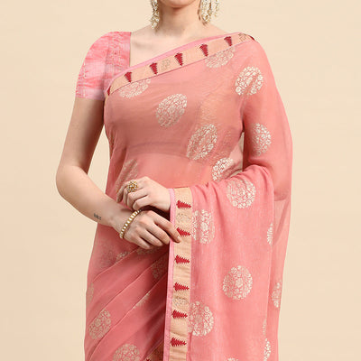 Light Pink Foil Printed With Swarovski Chiffon Saree
